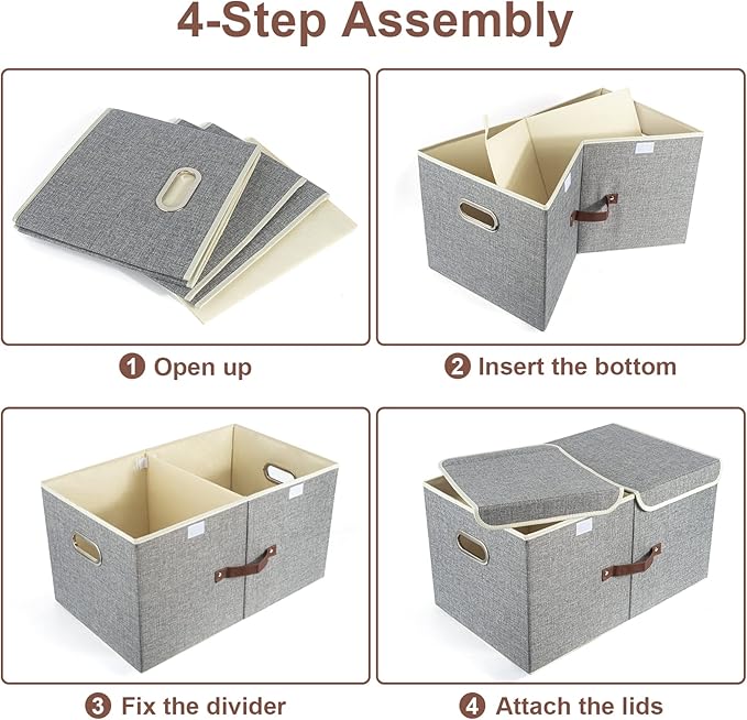 TYEERS Extra Large Collapsible Storage Bins with Lids and Compartments, Organizing Bins for Closet Storage, Clothes Storage, Cube Organizer for Home Office Storage - 2 Pack - Gray