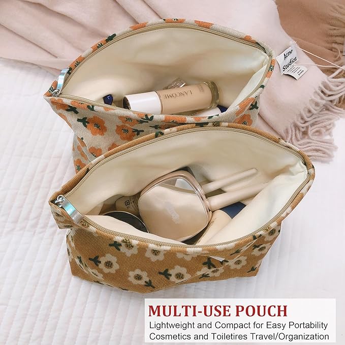 HAPPYHEIDI Women Floral Corduroy Canvas Makeup Bag Travel Cosmetic Pouch Purse Organizer, Cute Beige