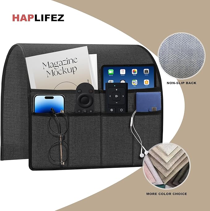 Remote Holder for Recliner Armchair & Couch, Non Slip Sofa Armrest Organizer Caddy with 6 Pockets Thick Linen Fabric Storage for Tablet, Phone, iPad, Magazine, 19x35 Inches, Grey