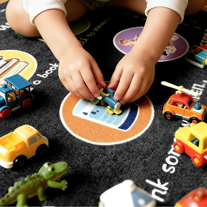 Large Classroom Rug Elementary 8x10ft for Playroom, Educational Smiley Face Kids Play Mat, Calming Corner Sensory Emotion Feelings Rug for Kidroom Nursery Bedroom, Non-Slip Washable(Black)