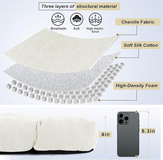 Bench Cushion 36 Inch - Chenille, High-Density Memory Foam, Non-Slip Bottom, Soft Durable Indoor Tufted Long Seat Cushion for Window Garden Furniture (White, 36x14x4 Inch)