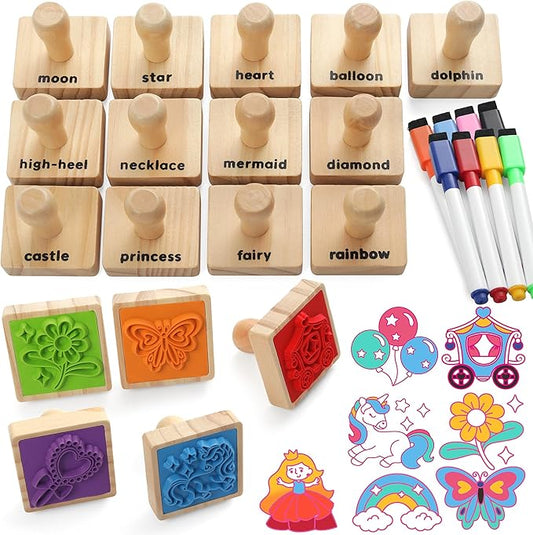 Coogam Wooden Stamp for Girls Friendship, 20pcs Color Shape Unicorn Butterfly Mermaid Stamp Set with Markers, DIY Arts Crafts Printing Stamping Party Favor Toy Gift for 3 4 5 Year Old Kids