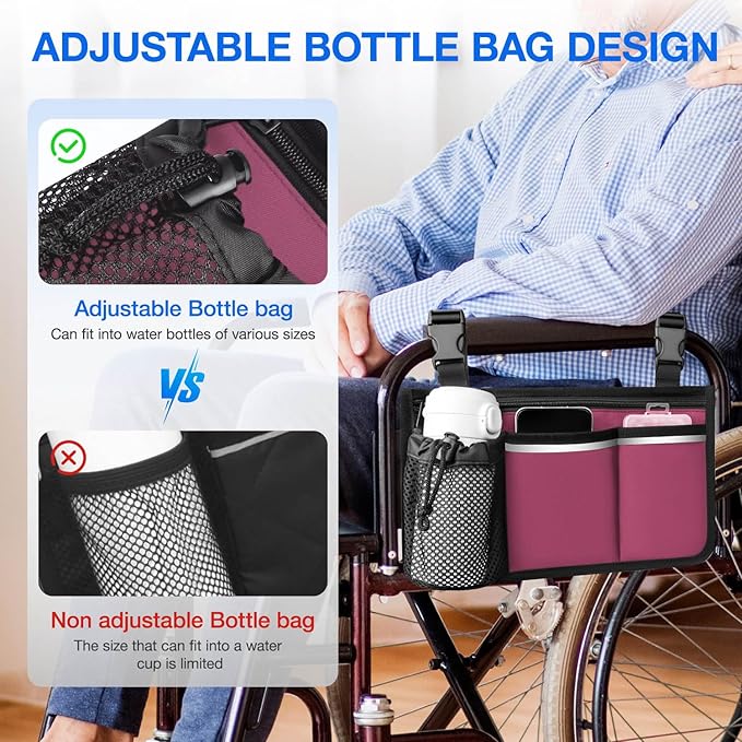 Wheelchair Organizer Pouch with Cup Holder and Reflective Strip, Armrest Accessory for Wheelchairs, Walkers, Rollators (Burgundy)
