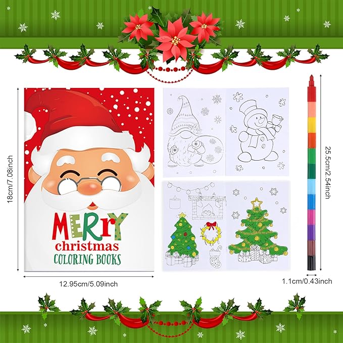 Funrous 24 Pcs Christmas Coloring Book for Kids Bulk with 24 Crayons, Christmas Activity Books with Marker Xmas Stocking Goodie Bag Stuffers for Holiday Students Classroom Gifts Party Favors (Vivid)