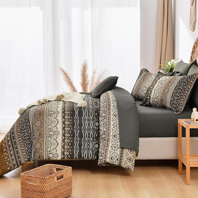Cottolester Boho Comforter Set Full Size 8 Pieces,Brown Black Bohemian Comforter Paisley Striped Bed in A Bag,Soft Microfiber Bedding Set for All Season
