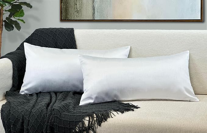 Aiking Home 12x24 Inches Faux Silk Rectangular Throw Pillow Cover, Zipper Closure, White (Set of 2)