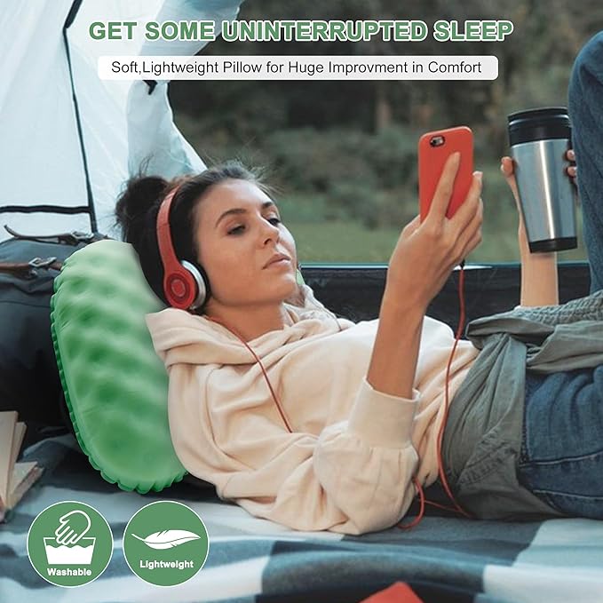 BreezCamp Camping Pillow with Soft Cover, Lightweight Inflatable Pillow for Neck Lumbar Support,Upgrade Backpacking Pillow,Washable Travel Air Pillows for Hiking, Backpacking, Airplane, Beach, Green