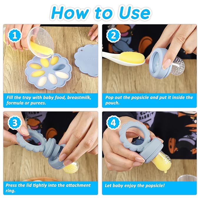 Baby Fruit Food Feeder & Mini Popsicle Ice Tray Set, BPA Free Silicone Baby Feeder for Safe Solid Food Feeding, Breastmilk Popsicle Molds for Cooling Relief, 4 Month+ (Spring)