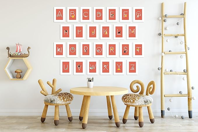 English Alphabets Flash Cards and Art Wall Cards - Set of 26 (5" x 7") Animal Alphabet Cards for Nursery Decor, Gifts, Kids Room, Classroom, by Kindred Sol Collective