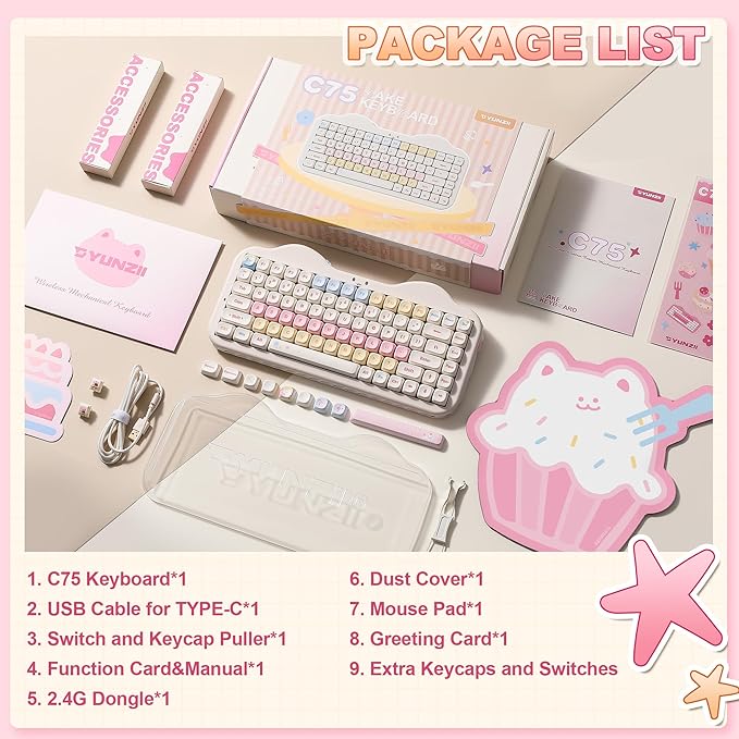 YUNZII C75 Wireless Mechanical Keyboard,75% Layout, Hot-Swappable NKRO,BT5.0/2.4G/USB-C Mode,Dye-Sub PBT MOA Keycaps,RGB Gasket Mount,Cute Cake Design for Mac/Win/Gaming (Beige, Candy Switch)