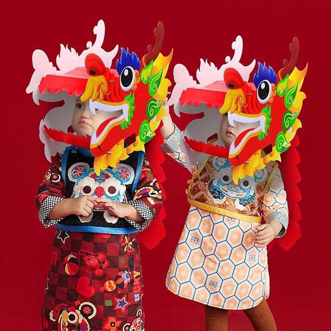 2 Pack Chinese Dragon Dance Head, DIY Assembly Interesting Educational Kids Cardboard Dragon Head, Wearable Dragon Head