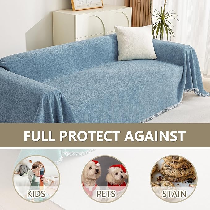 MYSKY HOME Blue Sectional Couch Covers Chenille Sofa Covers for 3 Cushion Couch Universal Easy Fitted Sofa Cover Durable Furniture Protector with White Tassel Edge for Kids Dogs Pets, 71" X102"