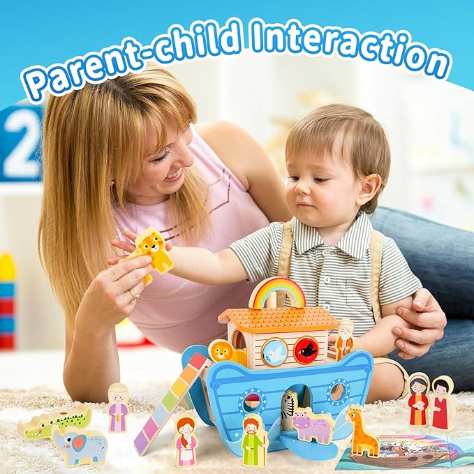 Wooden Noahs Ark Toy Animal Playset, Baptism Gifts for 2 3 4 Years Old Boys Girl, Lacing Beads, Shape Sorter, Montessori Noah's Ark Toys with Bible Story Book for 24 Months Kids