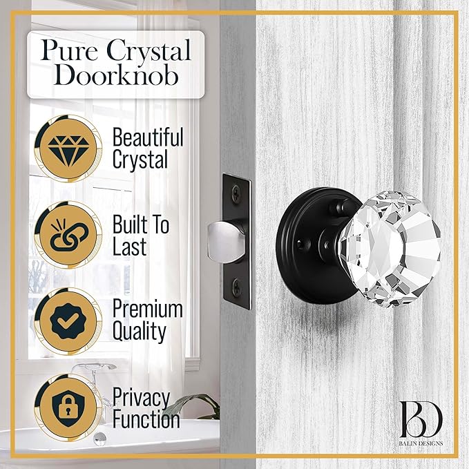 Clear Crystal Door Knob with Lock, Glass Door Knobs Interior Privacy Set, Vintage Decorative Antique Style Handle for Bedroom, Bathroom, Closet, 1 Pack