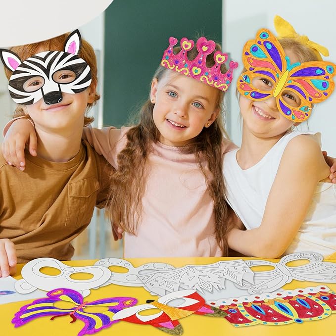 48 PCS Color Your Own Paper Crowns and Paper Masks, DIY Art Coloring Craft Activity for Kids Birthday Dress up Party Favors Decoration, School Home Art Coloring Activities