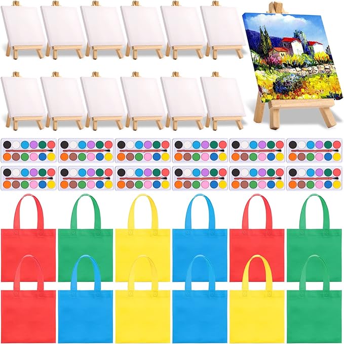 24 Sets 72 Pcs Mini Canvas Easel and Watercolor Paint Set 4 x 4 Inch Canvases for Painting Kids Art Non Woven Bags Washable Watercolors Kids Paint Set for Birthday Painting Art Party Favors Supplies
