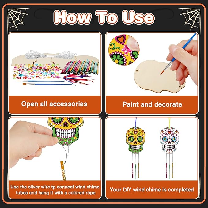 Fennoral 9 Pack Skull Wind Chime Kit for Kids Make You Own Day of The Dead Wind Chime Hanging Ornaments DIY Coloring Wooden Halloween Crafts for Boys Girls Halloween Party Decoration