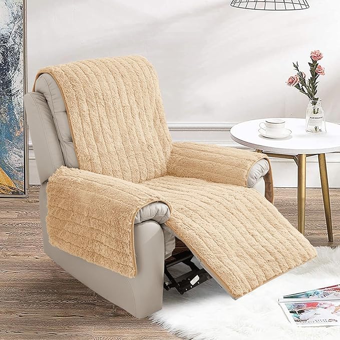 RBSC Home Plush Recliner Slipcover 30 Inches Beige Chair Covers Artificial Wool Lazy Boy Cover Quilted Cover for Recliner Chairs and Furniture Soft Warm