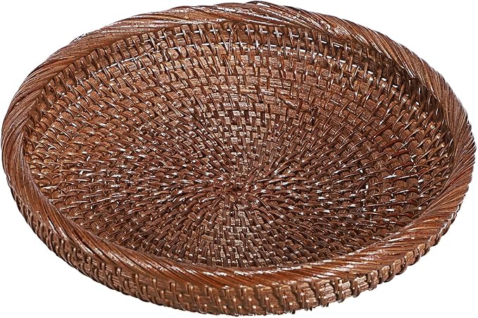 Hipiwe Small Key Basket Bowl for Entryway 7.6" Round Woven Wicker Basket Fruit Serving Tray Woven Basket Wall Decor Rattan Organizer Basket for Keys Wallet Cell Phone, Brown