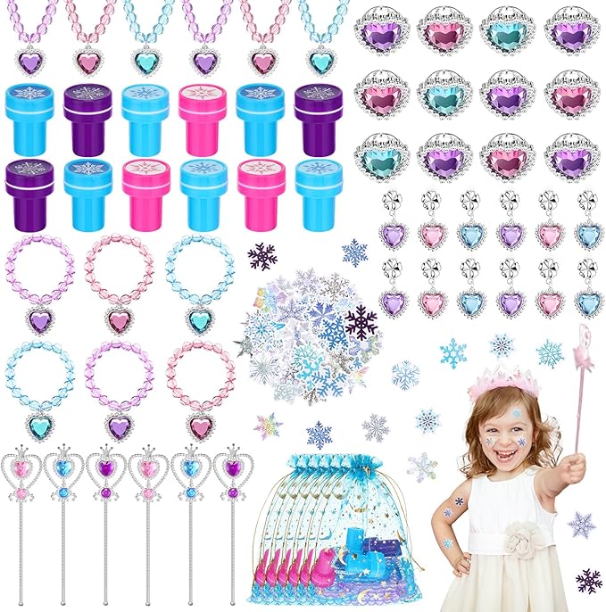 Faccito 134 Pieces Princess Party Favors Winter Birthday Party Supplies Snowflake Jewelry Gifts Set for Kids Include Diamond Necklaces Bracelets Rings Earrings Stickers Crown Wand Stampers Bags