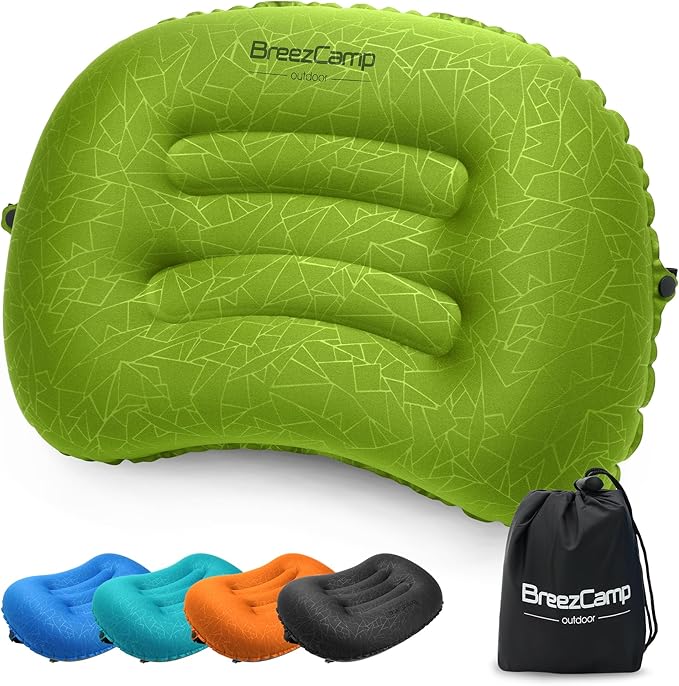 BreezCamp Inflatable Camping Pillow, Travel Blow Up Air Pillow, Neck Lumbar Support Ultralight Compact Pillow for Outdoor Hiking Backpacking Car Beach Airplane Sleeping Essentials, Green