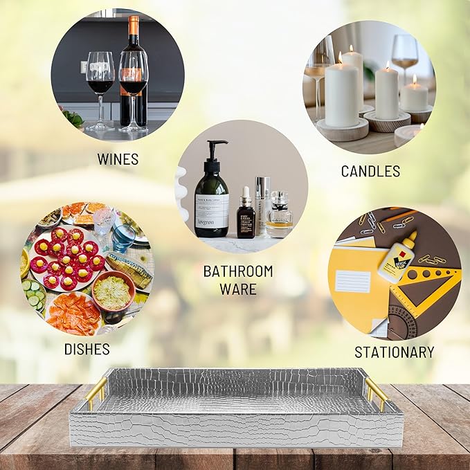 ATZYmolin 17" x 12" Wood Serving Tray with Gold Polished Metal Handles, Home Decorative Wooden Rectangle Ottoman Leather Decor Platter Bathroom Vanity Tray for All Occasions Alligator Silvery