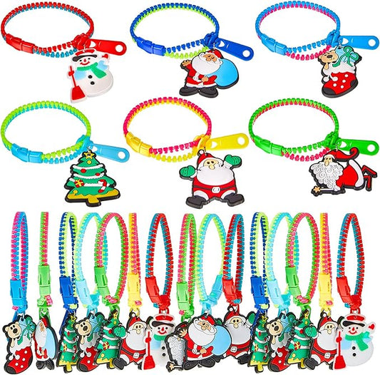 Hicarer 24 Pieces Christmas Zipper Bracelets Fidget Toys Bulk Neon Color Friendship Zipper Bracelet with Snowman Christmas Tree Santa Claus Pendant for Kids Christmas Birthday Party Favors