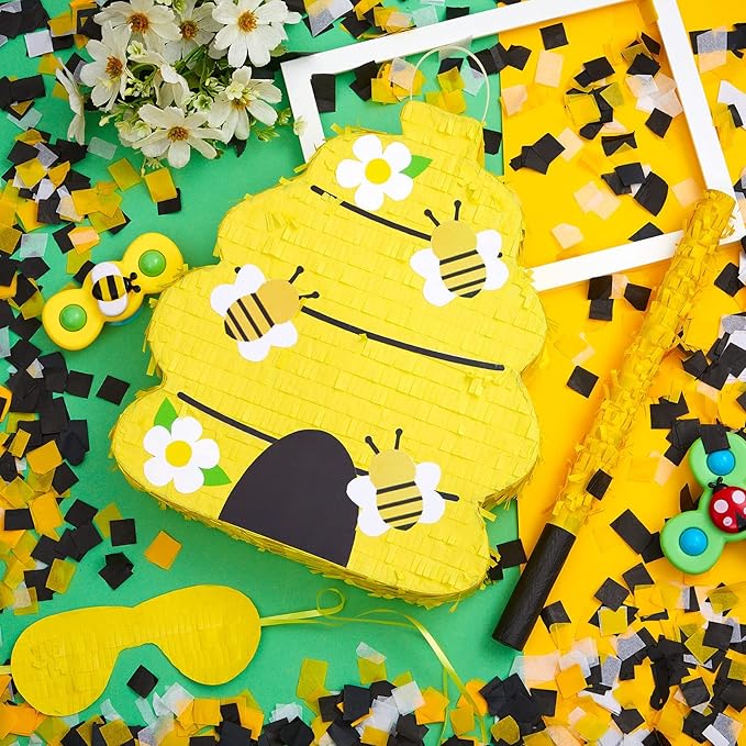 Lewtemi Beehive Gender Reveal Piñata Beehive Themed Party Piñata with Blindfold, Stick and Confetti Gender Reveal Supplies for Baby Shower Girl Boy Birthday Party Decorationsk