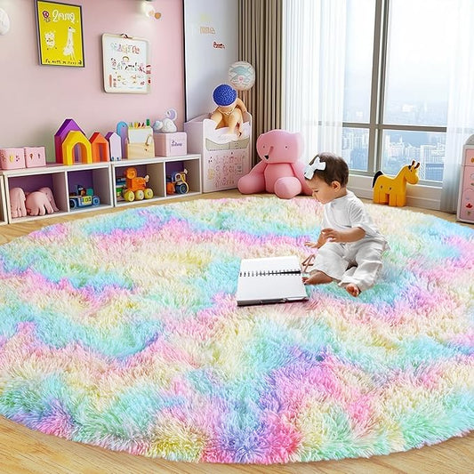 Xexsin Round Fluffy Rugs 7Ft for Girls Bedroom, Rainbow Shag Circle Kids Rug Non-Slip for Bedside Dorm Nursery Playroom, Soft Cute Area Rugs for Living Room Decor