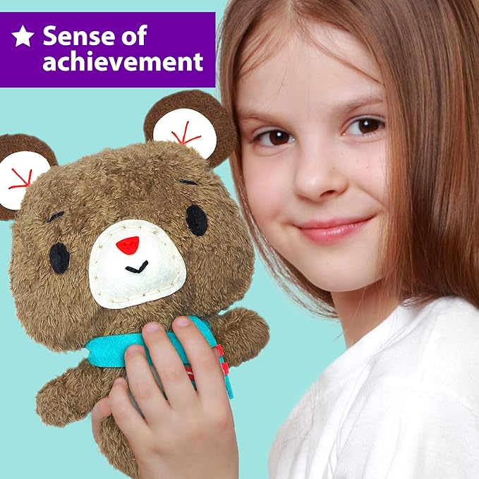 KRAFUN Sewing Kit for Kids Age 7 8 9 10 11 12 Beginner My First Art & Craft, Includes 3 Stuffed Animal Dolls Teddy, Raccoon and Owl, Instructions & Plush Felt Materials for Learn to Sew, Embroidery