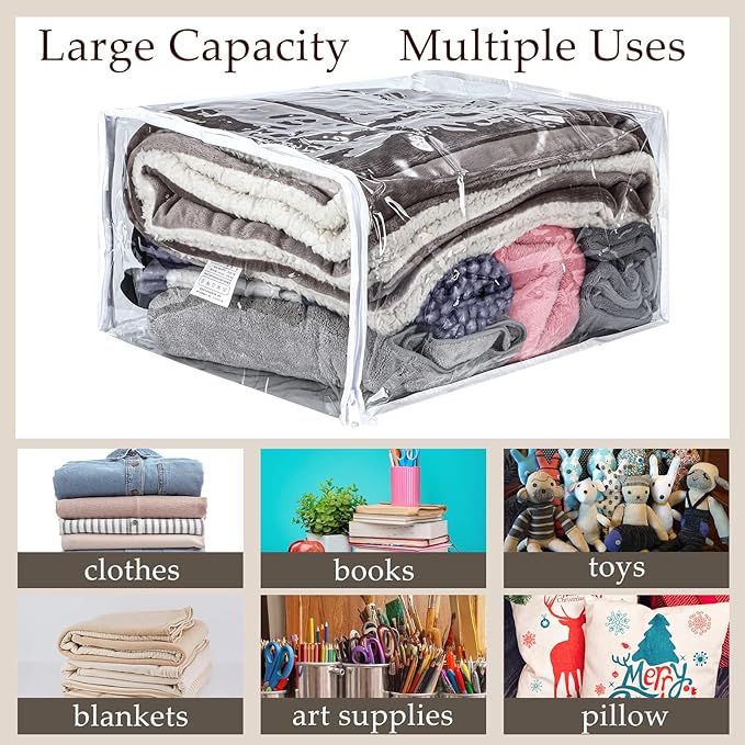 6 Packs Clear Zippered Storage Bags Sweater Moth Bags Plastic Storage for Blankets Clothes Bed Sheet Organizer with Zipper for Closet Linen Sweater Bed Sheet Clothes Pillow(18 x 15 x 9 Inch)