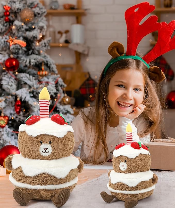 Birthday Plush Toy Bear Stuffed - Adorable Cake Stuffed Animal, Cute Teddy Bear Face with Candle, Huggable Kids' Gifts, Party Decorations, 13 Inch