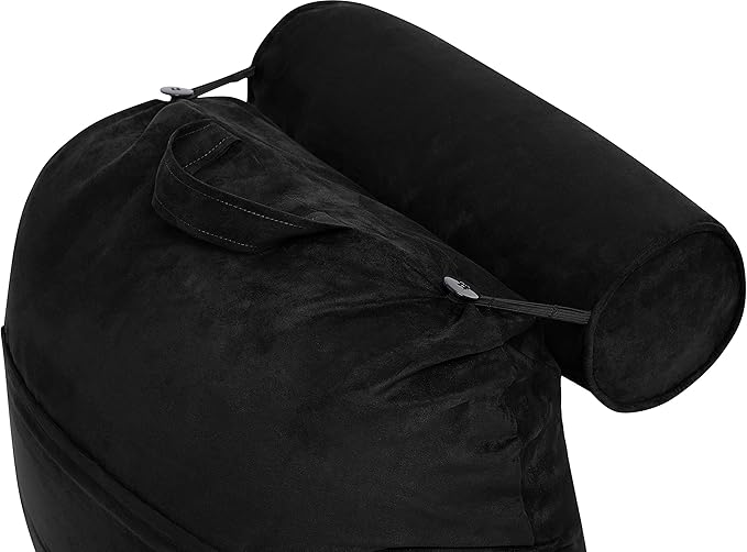 Husband Pillow XXL Aspen Edition, Adult Reading Sit Up Bed Rest Pillow for Bed with Arms & Neck Roll on Bungee Cord - Premium Memory Foam - Reversible 2 Sided Cover Micro Suede or Plush, Stable Black