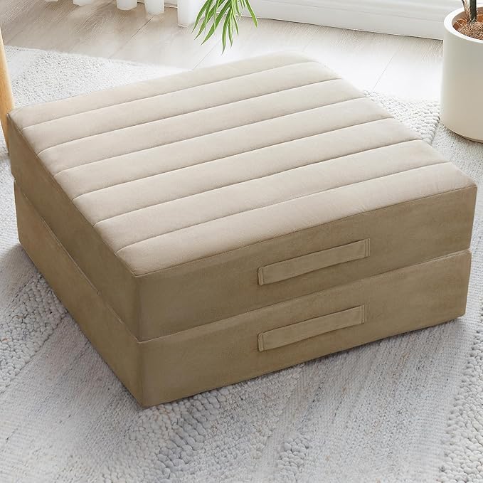 2 Pcs High Density Foam Floor Pillow - Upgraded Large Pillows Seating for Adults - Outdoor Floor Cushion with Soft Tufted Cover - Yoga Pillows for Sitting On Floor - 22 Inch Khaki