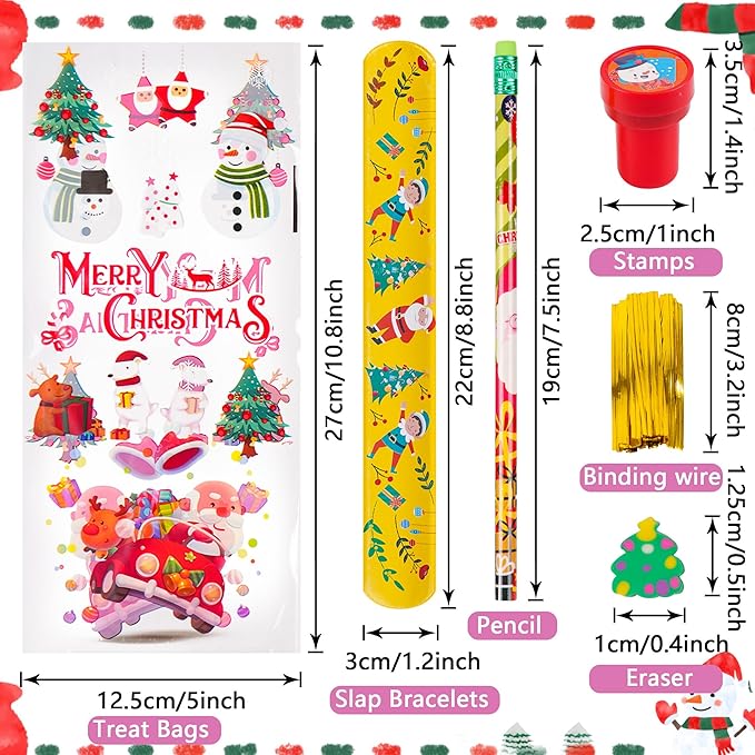 360 Pieces Christmas Stationery Party Favors Bulk: Christmas Pencil Eraser Slap Bracelets Stamps Treat Bags for Kids Classroom Gift Exchange School Games Prizes Reward Prizes Carnival Events