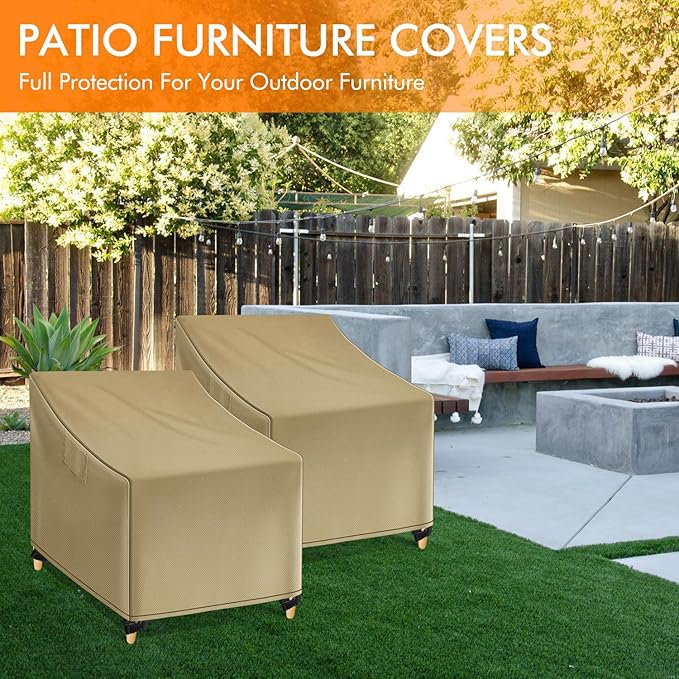 WLEAFJ Outdoor Chair Covers Waterproof, Khaki Lawn Patio Furniture Covers, Heavy Duty Wicker Garden Sofa Chair Cover, 2 Pack - 30" W x 37" D x 31" H