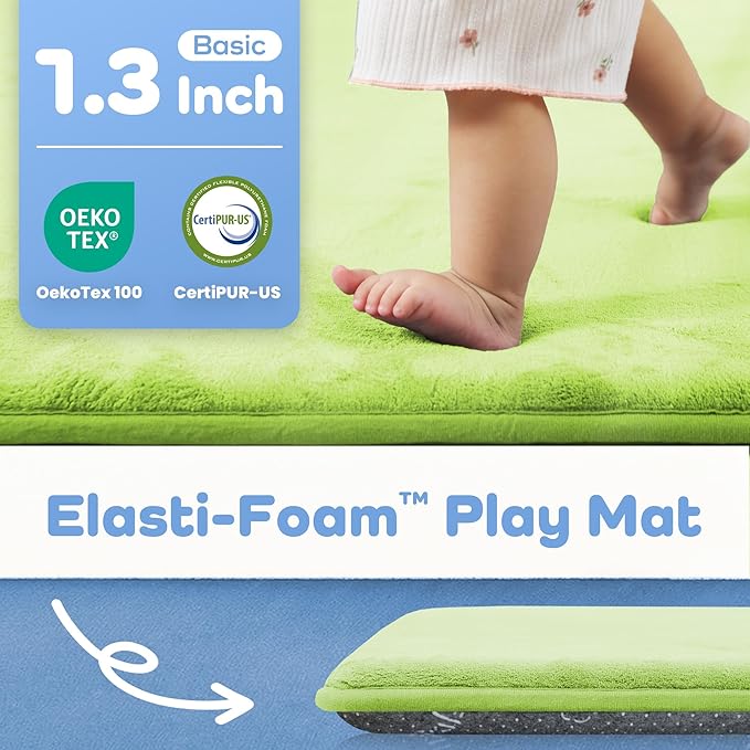 1.3" Thick Baby Floor Play Mat 50x50, Basic Padded Foam Mat for Tummy Time Crawling, Non Slip Cushioned for Babies Toddlers Infants Kids (Light Green)