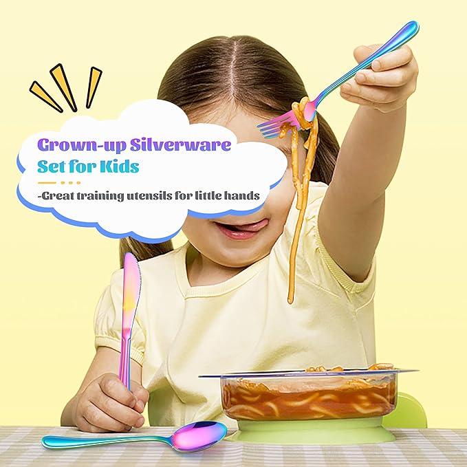 E-far 12-Piece Rainbow Kids Silverware, Stainless Steel Toddler Kids Utensils Safe for Preschooler/Children, Includes 4 Forks 4 Spoons 4 Knife, Slimline Look & Small Size, Rust Free