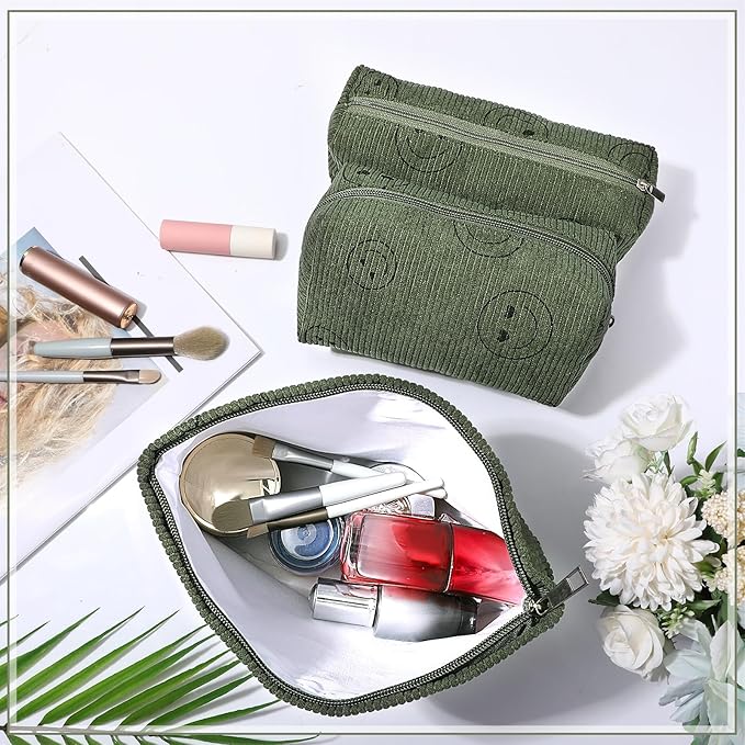Huhumy 3 Pcs Makeup Bag Set for Women Corduroy Cosmetic Pouch Aesthetic Smile Travel Toiletry Bag Cute Purse Pouch Pencil Case Makeup Brushes Storage Organizer for Valentine(Army Green,Smile Face)