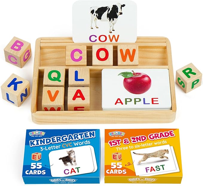 BenBen Spelling Games with Flash Cards, Montessori Toys for 3 4 5 6 Years Old Kids, Wooden Matching Letters Toys, CVC Word Educational Learning Toys, Gift for Preschool Kindergarten