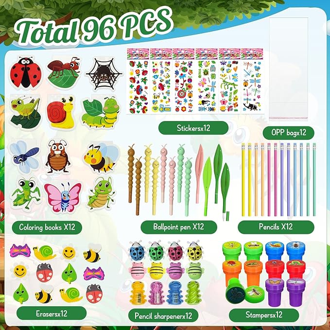 96 Pcs Insect Party Favors，Bug Bee Party Goodie Bags Fillers Bulk，Spring Insects Bug Game Pinata Gift Class Prizes Erasers Pens Pencils Stickers Stamps for School Birthday Spring Summer Party