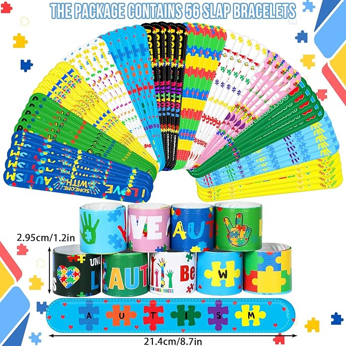 JUNEBRUSHS 56Pcs Autism Awareness Slap Bracelets, Colorful Puzzle Pieces Autism Bracelet Wristbands Inspirational Autism Awareness Accessories for Kids Teens Adult Motivational Gifts Party Supplies