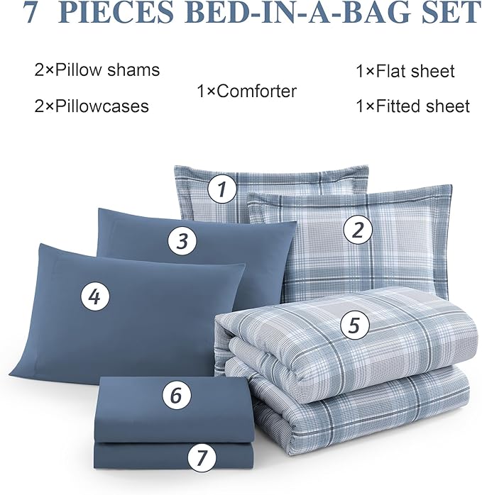 MaiRêve Plaid Full Comforter Sets, Light Blue Grid Farmhouse Bedding Set Bed in A Bag, Classic Checkered Comforter Sets with Fitted & Flat Sheet, Pillowcases & Shams(Light Blue, 80"x90")