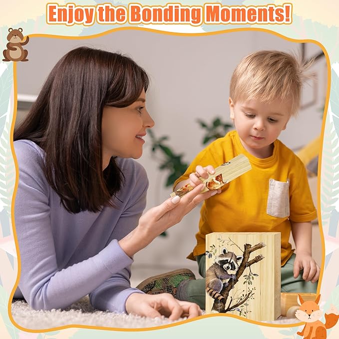 CJiangpo Wooden Animal Chunky Puzzles - 4 in 1 Woodland Animal Puzzle Blocks Sensory Toys for Toddlers 2+ Years, Realistic Rectangular Building Block Stacking Educational Toy Game for Boy Girl