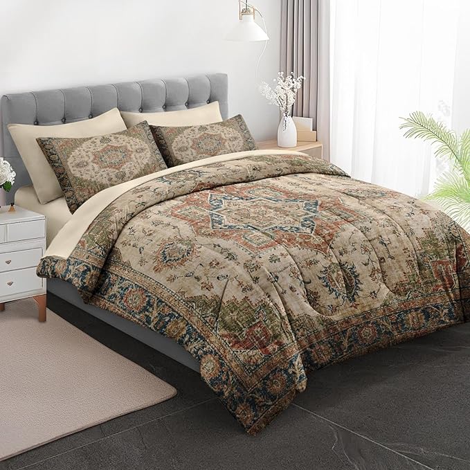 Comforter Set Queen Size, Vintage Medallion 7 Pcs Bedding for Kids and Adults, Floral Distressed Bed Sheet Sets with Fitted Sheet 2 Pillowcases & 2 Shams for Bedroom Bed Decor