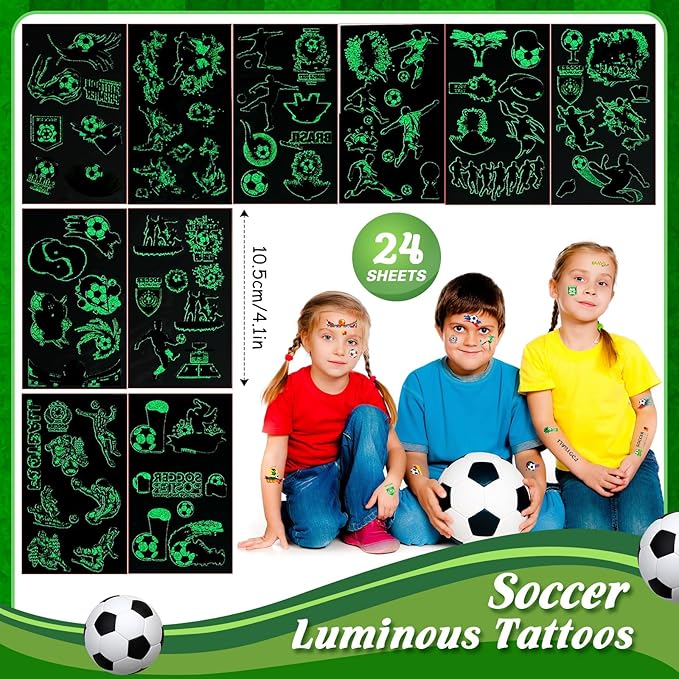 Aoriher 192 Pcs Soccer Party Favors Sport Slap Bracelets Keychains Bouncy Ball Silicone Bracelets Hair Ties Wristbands Gift Box Eraser Luminous Tattoo for Sport Themed Party Supplies