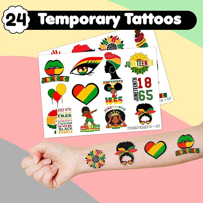 48 PCS Happy Juneteenth African Party Favors 24PCS Tattoos Stickers 24PCS Slap Bracelets Wristbands Perfect for Themed Birthday Baby Showers or Classroom Rewards Ideal Decor and Gifts for Adults
