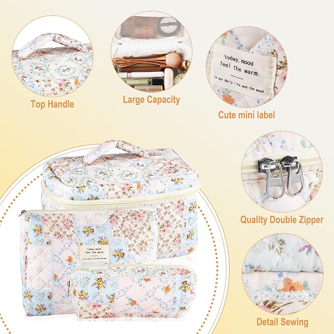URSKYTOUS 3Pcs Cotton Quilted Makeup Bag for Women Girls Large Small Travel Floral Cosmetic Bags Set Cute Coquette Makeup Pouch for Purse Aesthetic Cloth Bee&Flower Storage Toiletry Bag Organizer