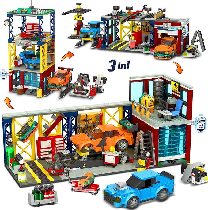 HOGOKIDS City Car Garage Building Set, 1022 PCS 3 IN 1 Auto Repair Shop, Gas Station, Car Wash Building Block with 2 Custom Cars Pretend Play Mechanic Toy Birthday Gift for 8-14+ Boys Teens Girls Kids