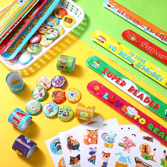 Frienda 65 Pcs Reading Gifts Bulk Love to Read Slap Bracelets Party Favors Inspirational Reading Stickers Pins Badge for Students Rewards Boys and Girls Sunday School Book Party Favor Supplies
